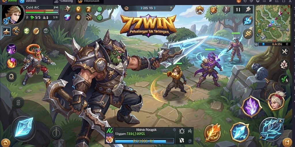 Screenshot gameplay 77WIN menampilkan pertempuran seru dengan monster besar.