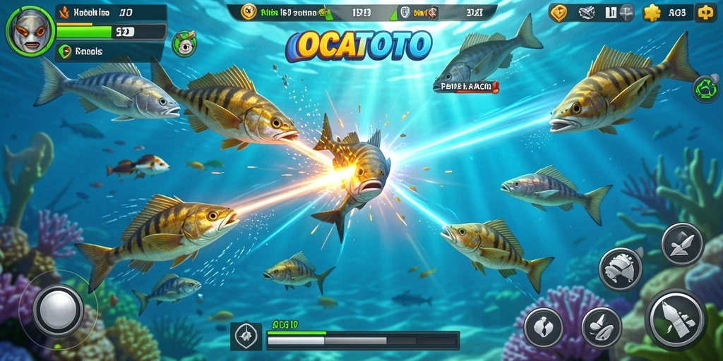 Screenshot gameplay OCATOTO menampilkan aksi menangkap ikan yang seru.