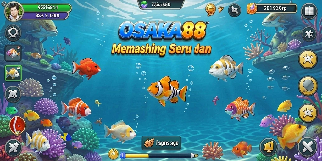 Screenshot OSAKA88 menunjukkan pemain menangkap ikan besar di danau yang indah.