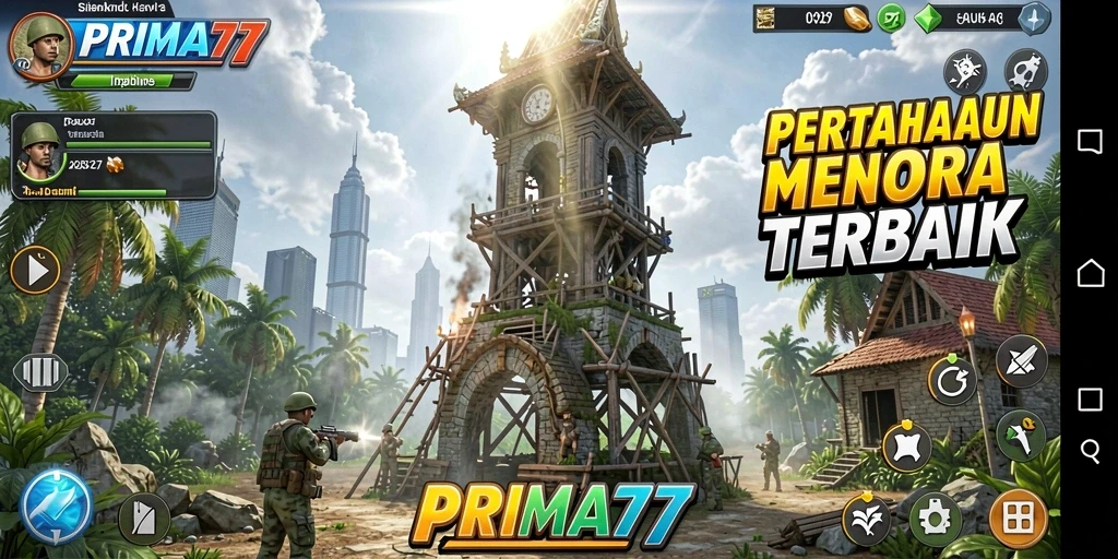 Screenshot gameplay PRIMA77 yang menunjukkan aksi pertahanan menara.