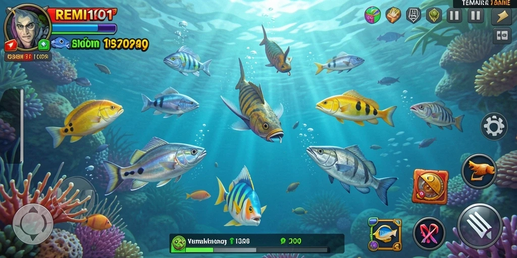 Tampilan gameplay seru di REMI101 dengan banyak ikan untuk ditangkap.