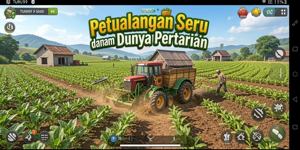 Tampilan gameplay TURU99 dengan ladang subur dan aktivitas bertani.
