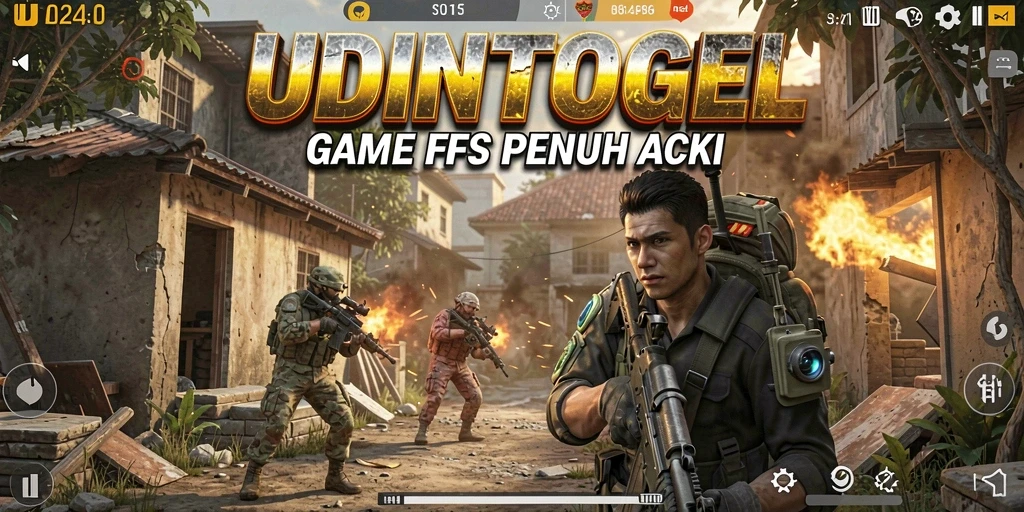 Tampilan gameplay UDINTOGEL dengan aksi tembak-tembakan seru
